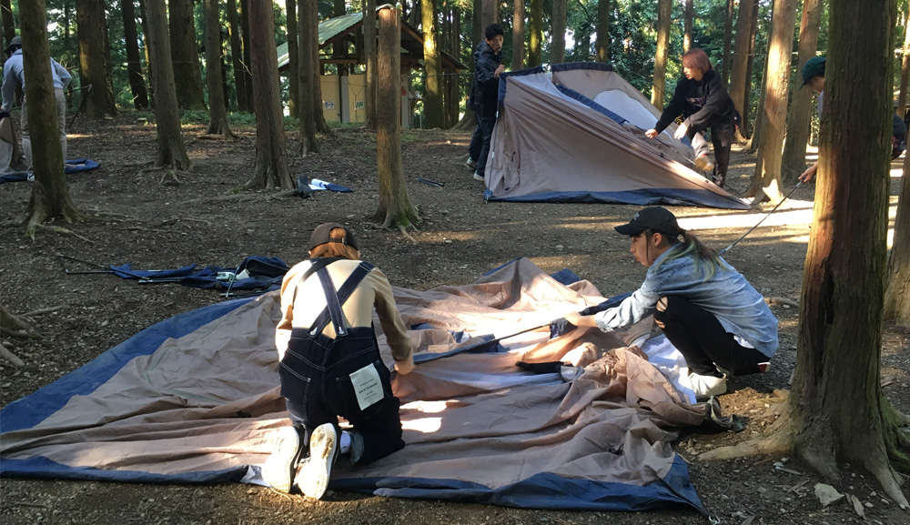 キャンプ実習を通して組織行動について学ぶ学生たち